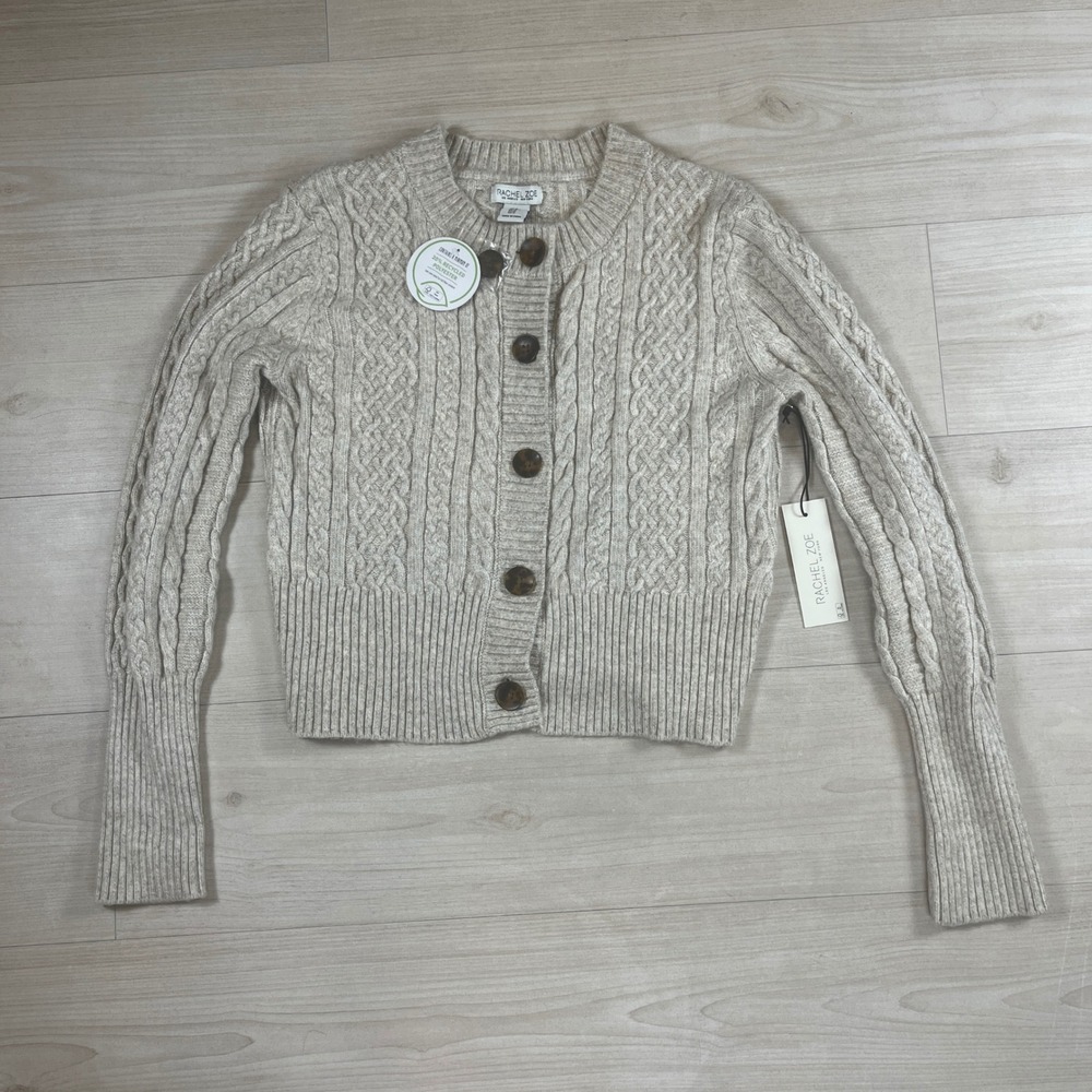Rachel Zoe Womens Cable Knit Cardigan Sweater Beige Marl Button Front Sz M NWT